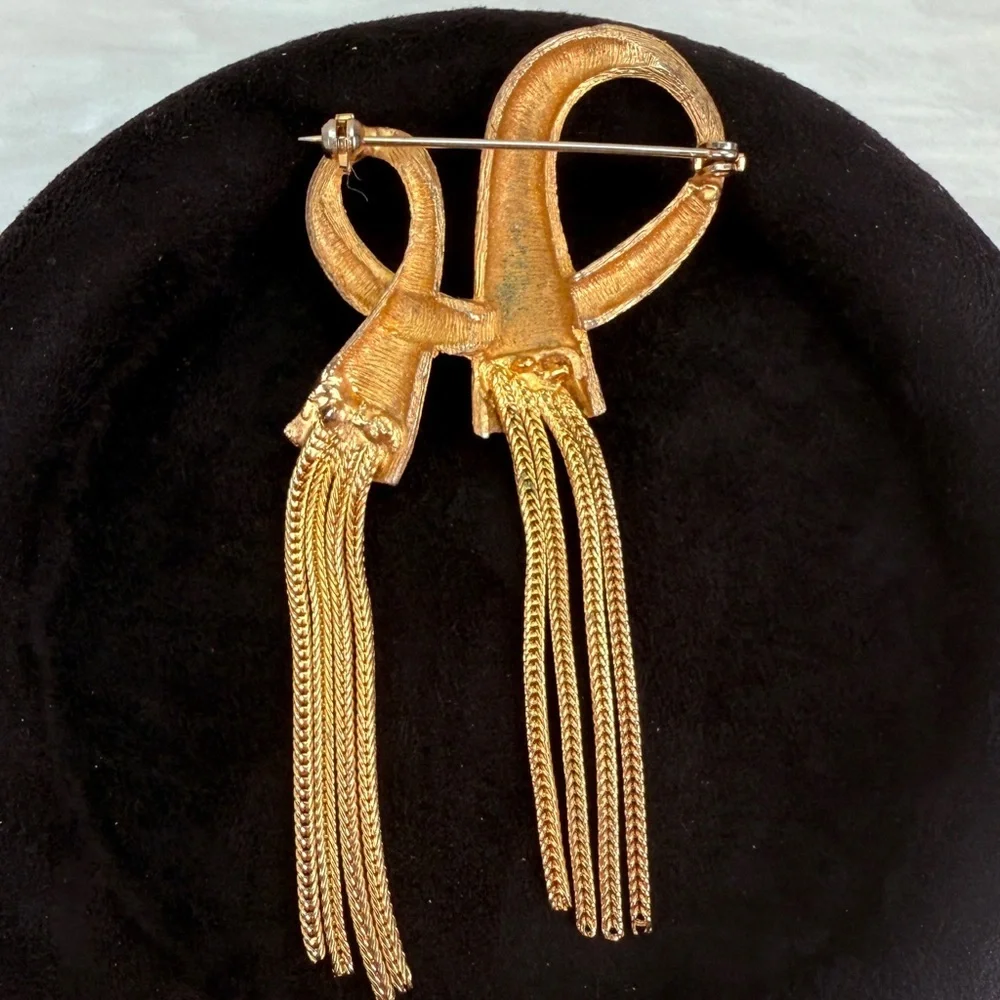 Vintage Gold Tone Double Bow Tassel Chain Brooch Textured Statement Pin